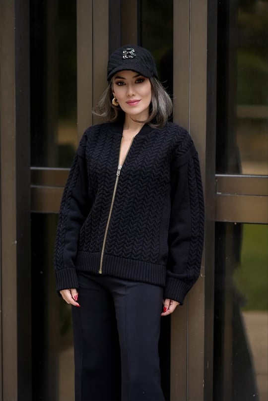 Styleboom X Peraluna DOVER BOMBER JACKET Saç Örgü Triko Bomber Kadın Triko Ceket - Siyah