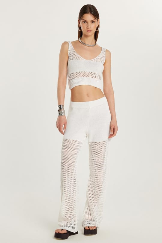 Kadın Slim Fit Dar Kesim Askılı Örme Detaylı U Yaka Ekru Takım