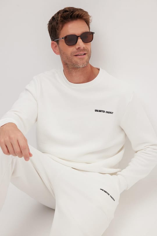 Erkek Relax Fit Pamuklu 3 İplik Yumuşak Dokulu İçi Polarlı Bisiklet Yaka Beyaz Eşofman Takımı
