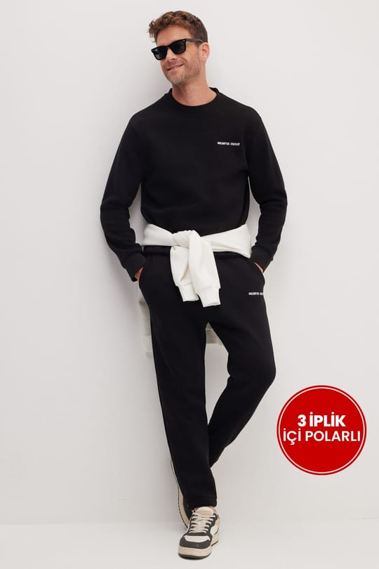 Erkek Relax Fit Pamuklu 3 İplik Yumuşak Dokulu İçi Polarlı Bisiklet Yaka Siyah Eşofman Takımı