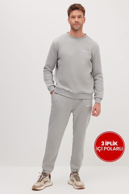 Erkek Relax Fit Pamuklu 3 İplik Yumuşak Dokulu İçi Polarlı Bisiklet Yaka Gri Eşofman Takımı