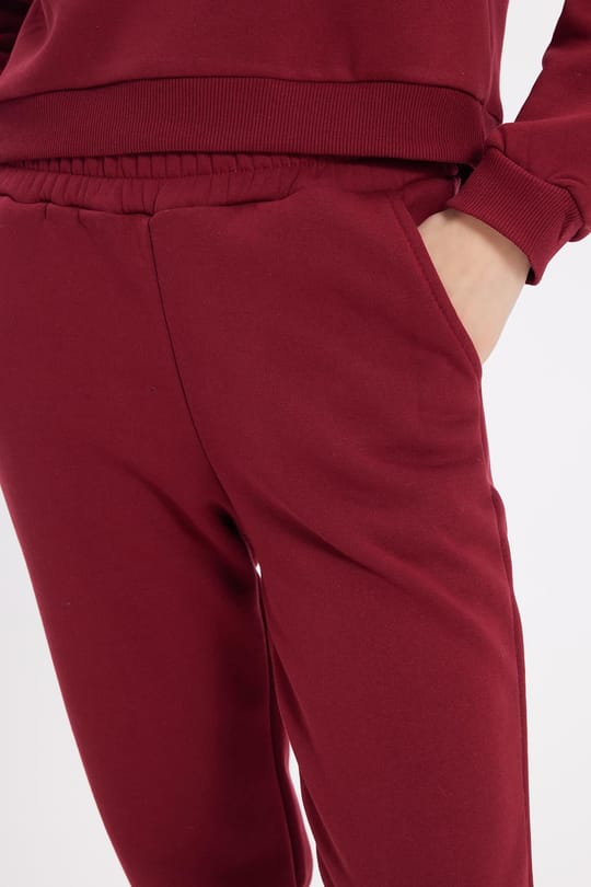 Kadın Regular Fit Pamuklu 3 İplik Yumuşak Dokulu İçi Polarlı Bisiklet Yaka Bordo Eşofman Takımı