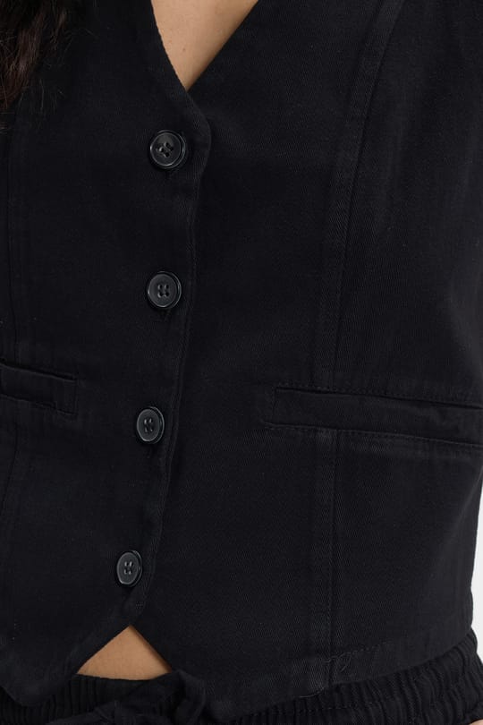 Kadın Slim Fit Dar Kesim %100 Pamuk V Yaka Çift Cepli Siyah Yelek Pantolon Takım