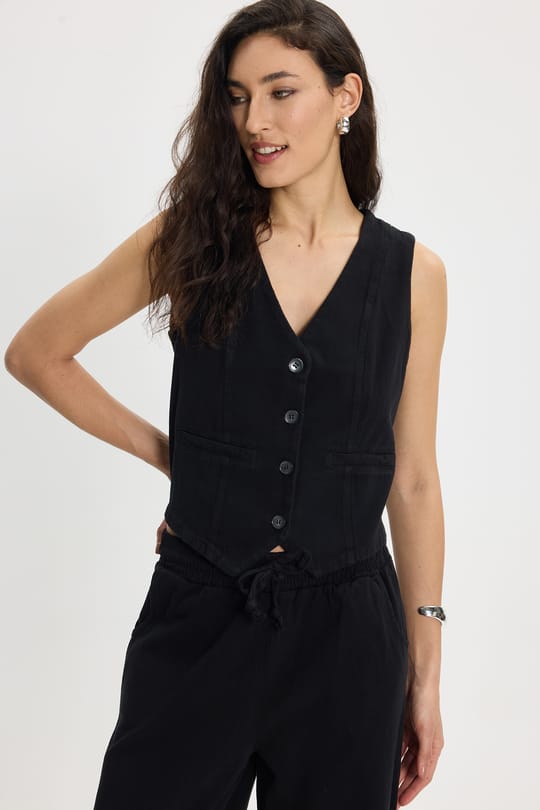 Kadın Slim Fit Dar Kesim %100 Pamuk V Yaka Çift Cepli Siyah Yelek Pantolon Takım
