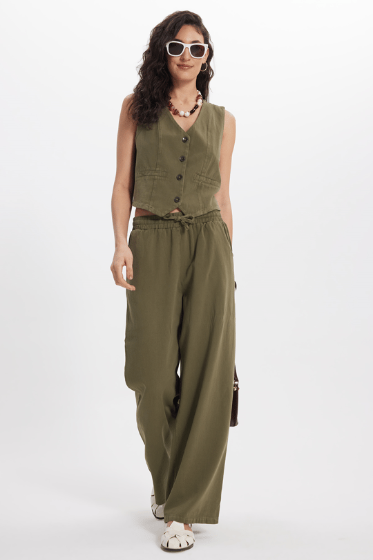Kadın Slim Fit Dar Kesim %100 Pamuk V Yaka Çift Cepli Haki Yelek Pantolon Takım
