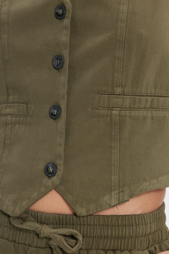 Kadın Slim Fit Dar Kesim %100 Pamuk V Yaka Çift Cepli Haki Yelek Pantolon Takım