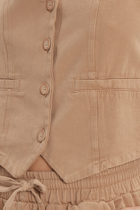 Kadın Slim Fit Dar Kesim %100 Pamuk V Yaka Çift Cepli Bej Yelek Pantolon Takım