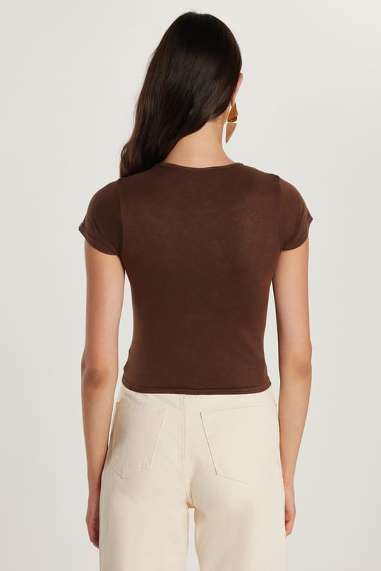 Kadın Slim Fit Dar Kesim Düz Basic Bisiklet Yaka Kahverengi Tişört