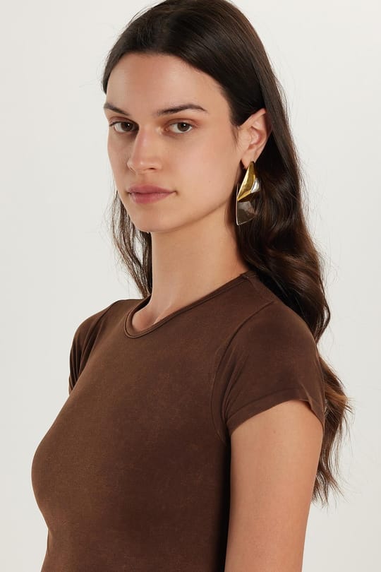 Kadın Slim Fit Dar Kesim Düz Basic Bisiklet Yaka Kahverengi Tişört