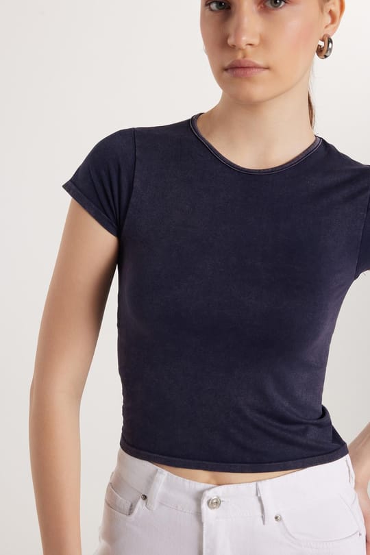 Kadın Slim Fit Dar Kesim Düz Basic Bisiklet Yaka Lacivert Tişört