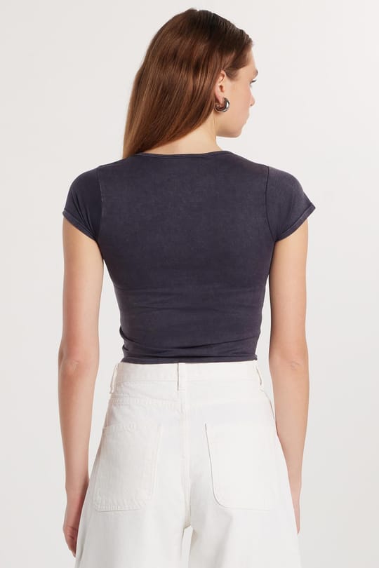 Kadın Slim Fit Dar Kesim Düz Basic Bisiklet Yaka Antrasit Tişört