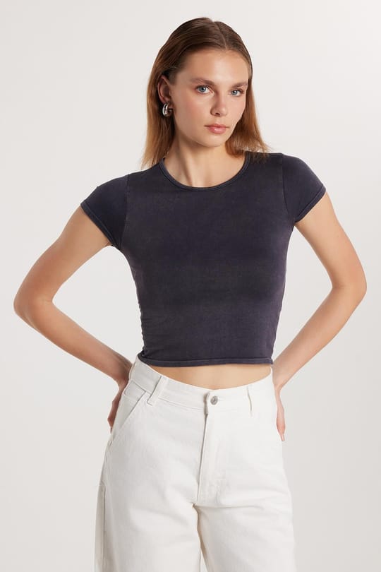 Kadın Slim Fit Dar Kesim Düz Basic Bisiklet Yaka Antrasit Tişört