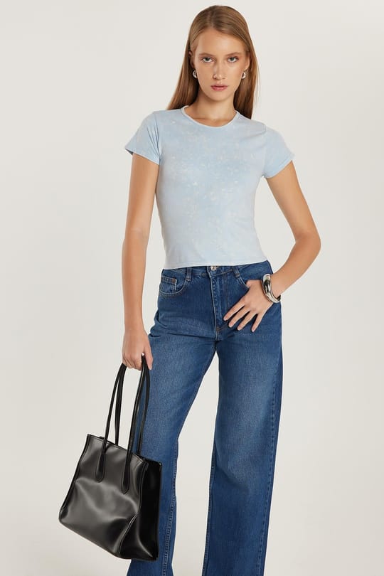 Kadın Slim Fit Dar Kesim Düz Basic Bisiklet Yaka Mavi Tişört