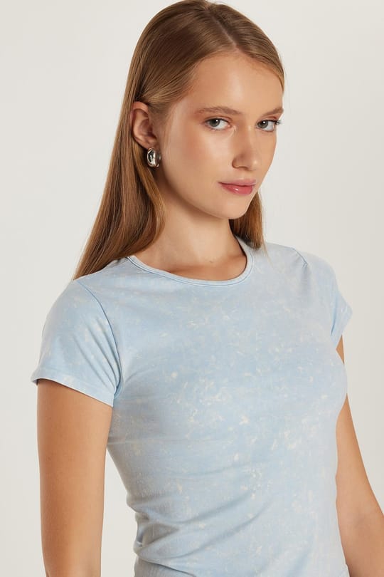 Kadın Slim Fit Dar Kesim Düz Basic Bisiklet Yaka Mavi Tişört