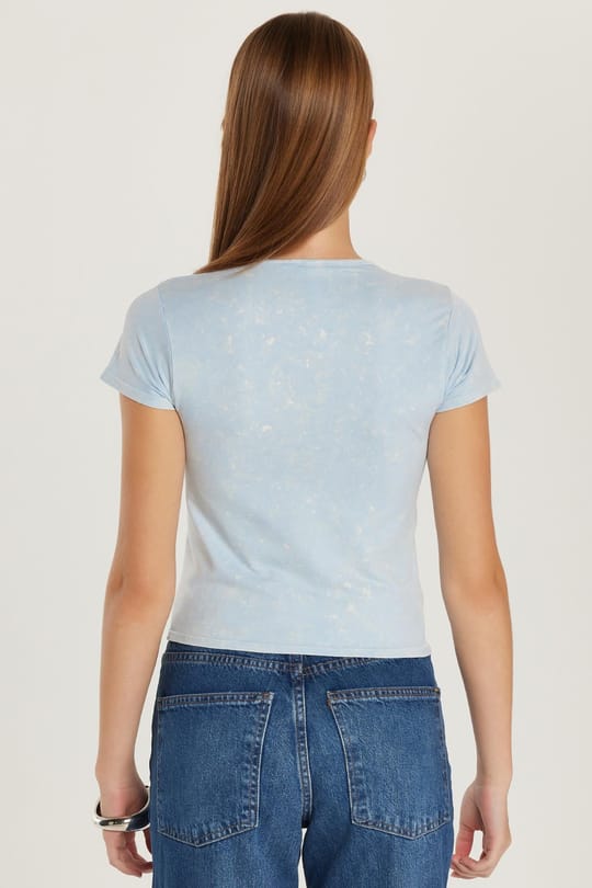 Kadın Slim Fit Dar Kesim Düz Basic Bisiklet Yaka Mavi Tişört