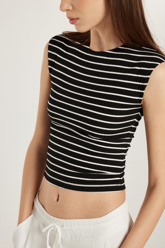 Kadın Slim Fit Dar Kesim Bisiklet Yaka Çizgili Siyah Tişört