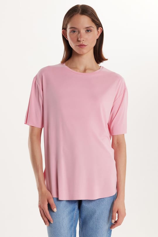 Kadın Modal Kumaş Relax Fit Rahat Kesim Bisiklet Yaka Basic Pembe Tişört