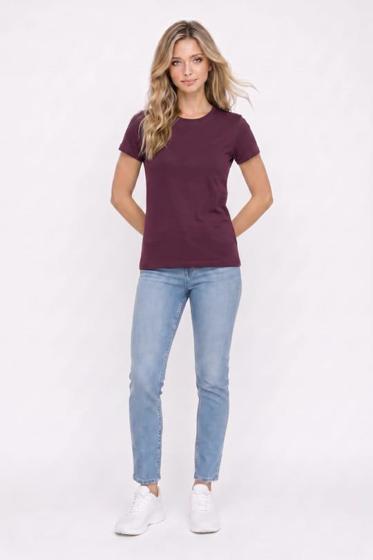 Kadın Relax Fit Rahat Kesim Kısa Kollu Bisiklet Yaka Bordo Tişört