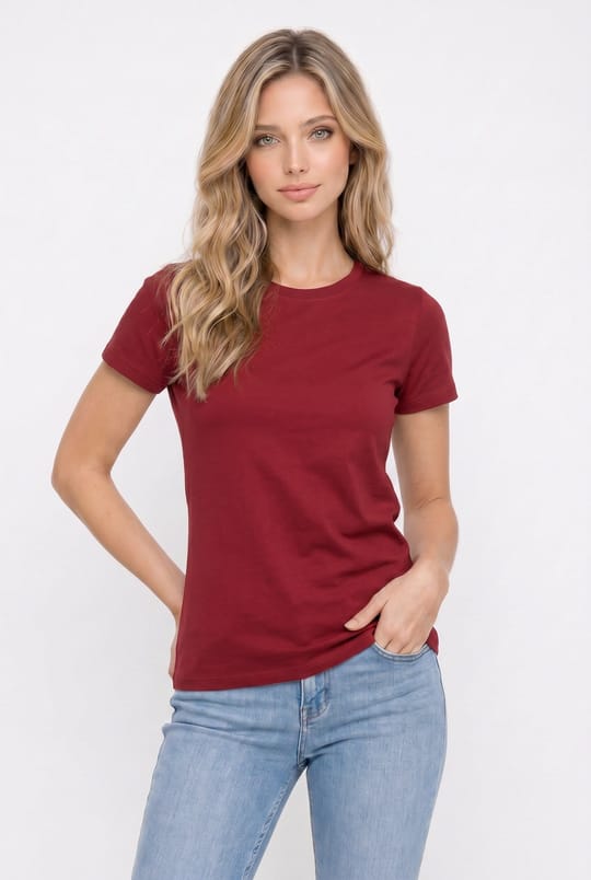 Kadın Relax Fit Rahat Kesim Kısa Kollu Bisiklet Yaka Bordo Tişört