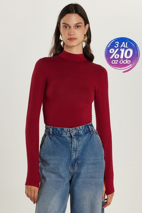 Kadın Regular Fit Klasik Kesim Viskon Kumaş Balıkçı Yaka Bordo Bluz 