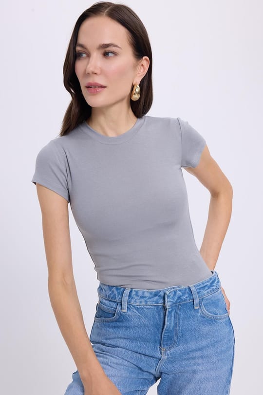 Kadın Regular Fit Klasik Kesim Bisiklet Yaka Viskon Kumaş Ultra Soft Gri Tişört