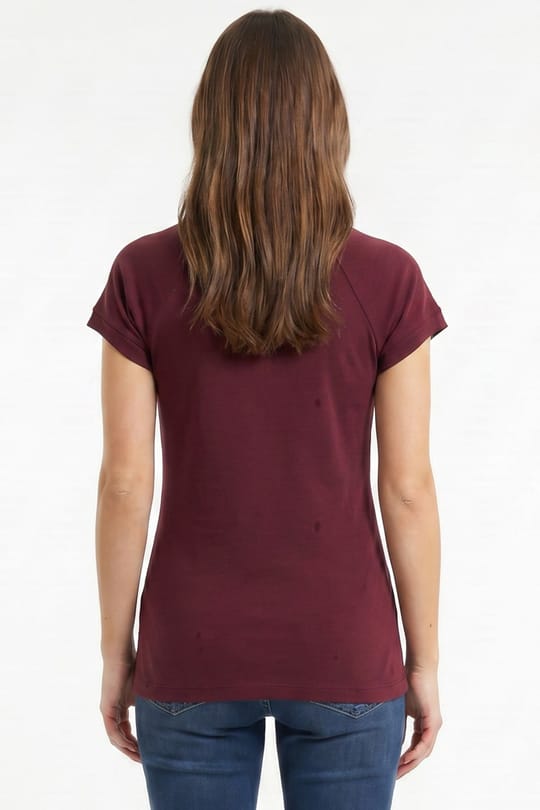 Kadın Slim Fit Dar Kesim Bisiklet Yaka Reglan Kol %100 Pamuk Bordo Tişört Bluz