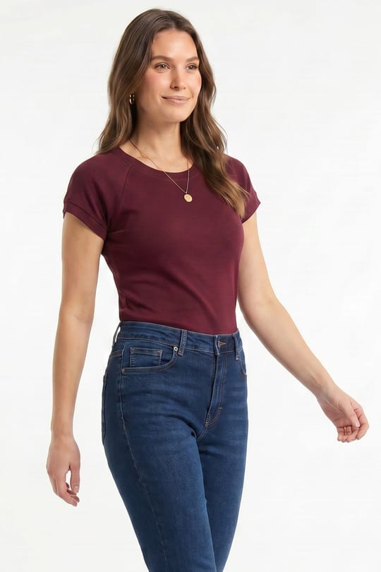 Kadın Slim Fit Dar Kesim Bisiklet Yaka Reglan Kol %100 Pamuk Bordo Tişört Bluz