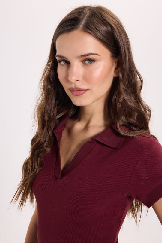 Kadın Slim Fit Dar Kesim Pamuklu Kısa Kollu Bordo Polo Yaka Tişört