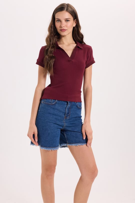 Kadın Slim Fit Dar Kesim Pamuklu Kısa Kollu Bordo Polo Yaka Tişört