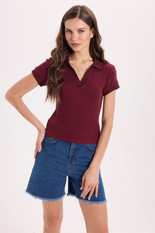 Kadın Slim Fit Dar Kesim Pamuklu Kısa Kollu Bordo Polo Yaka Tişört