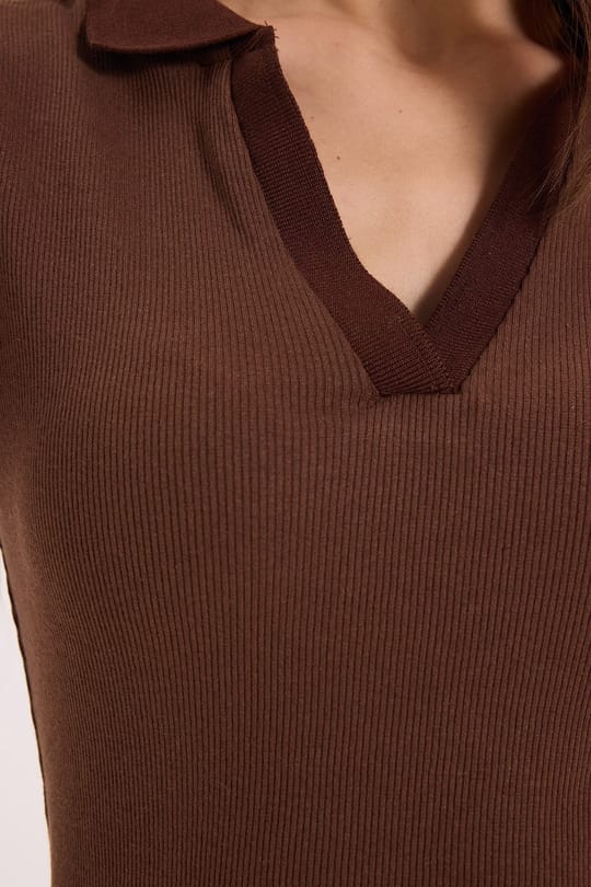 Kadın Slim Fit Dar Kesim Pamuklu Kısa Kollu Kahverengi Polo Yaka Tişört