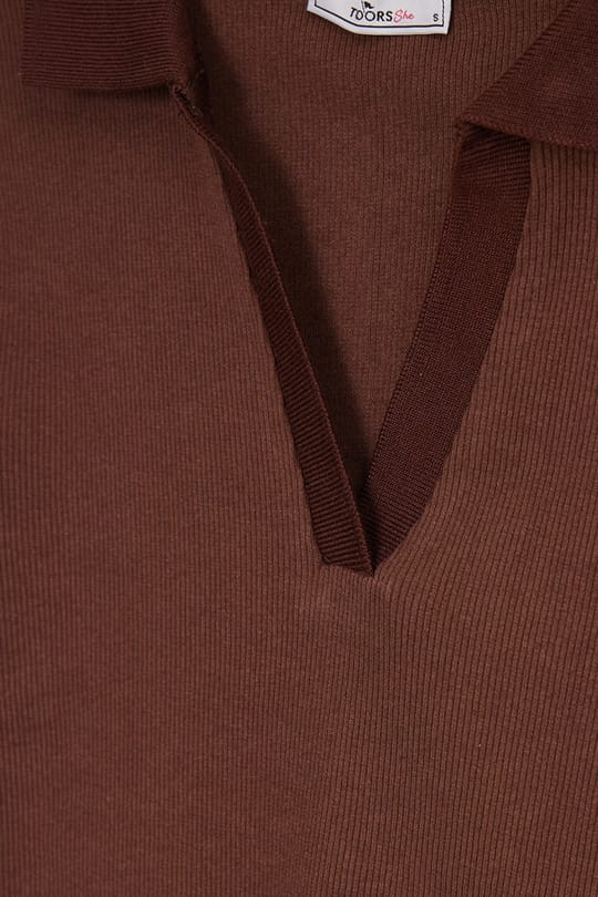 Kadın Slim Fit Dar Kesim Pamuklu Kısa Kollu Kahverengi Polo Yaka Tişört