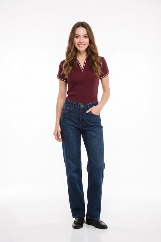 Kadın Slim Fit Dar Kesim Pamuklu Polo Yaka Kısa Kollu Bordo Tişört
