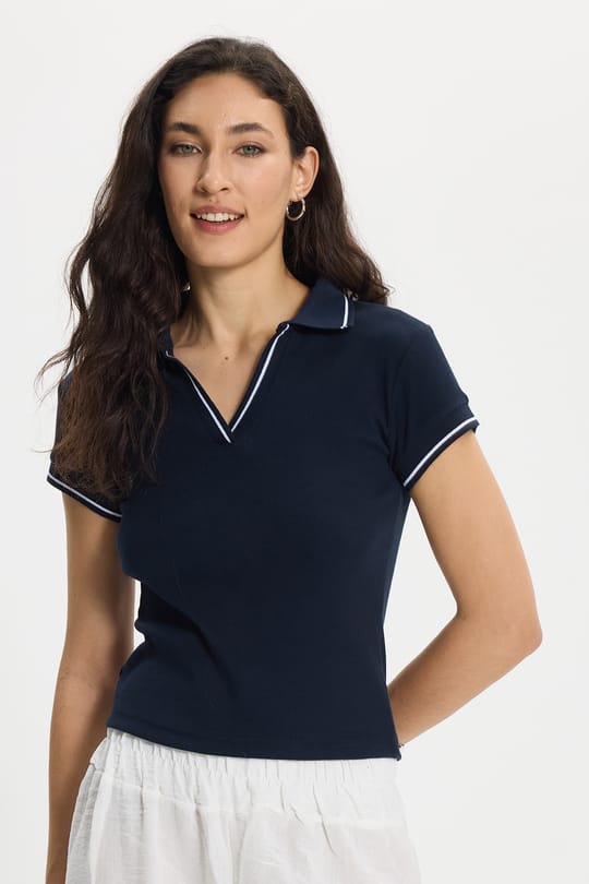 Kadın Slim Fit Dar Kesim Pamuklu Polo Yaka Kısa Kollu Lacivert Tişört