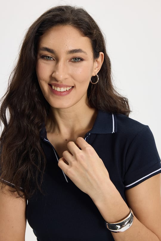 Kadın Slim Fit Dar Kesim Pamuklu Polo Yaka Kısa Kollu Lacivert Tişört