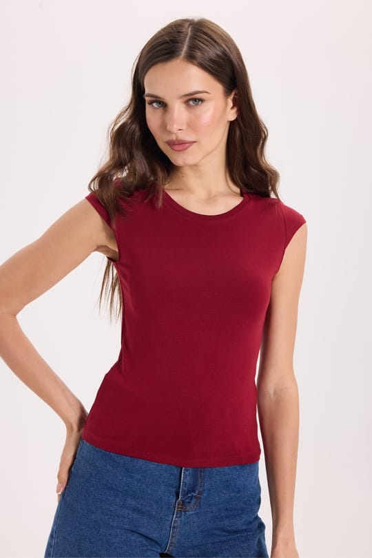 Kadın Slim Fit Dar Kesim Pamuklu Likralı Bisiklet Yaka Ay Kol Bordo Tişört