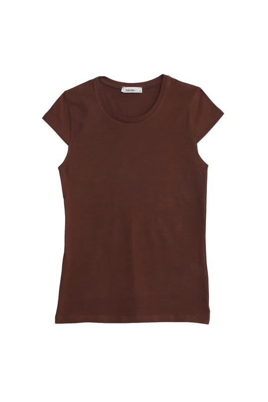 Kadın Slim Fit Dar Kesim Pamuklu Likralı Bisiklet Yaka Ay Kol Kahverengi Tişört