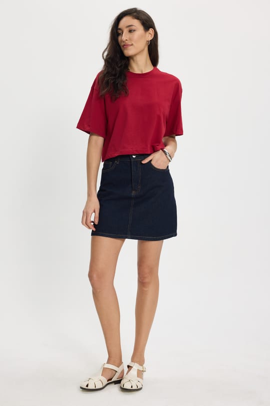 Kadın Slim Fit Dar Kesim %100 Pamuk Kısa Kollu Bisiklet Yaka Bordo Crop Tişört