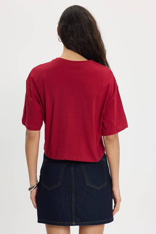 Kadın Slim Fit Dar Kesim %100 Pamuk Kısa Kollu Bisiklet Yaka Bordo Crop Tişört