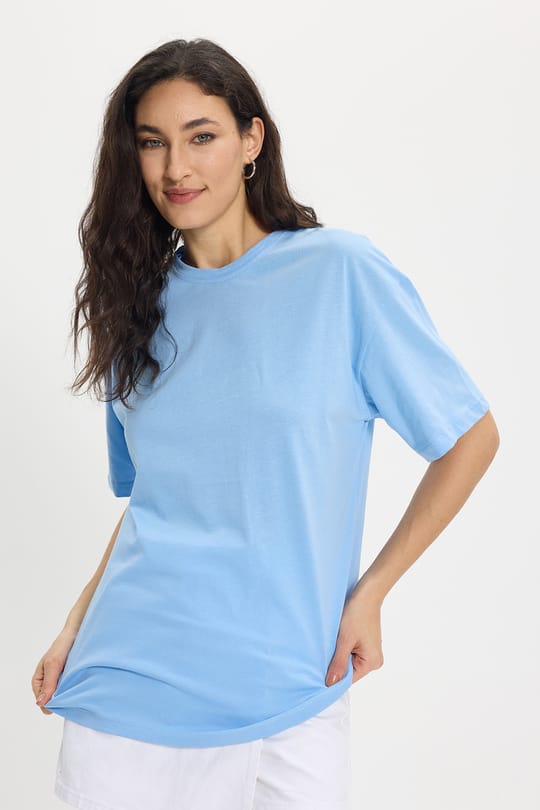 Kadın Slim Fit Dar Kesim %100 Pamuk Kısa Kollu Bisiklet Yaka Mavi Tişört