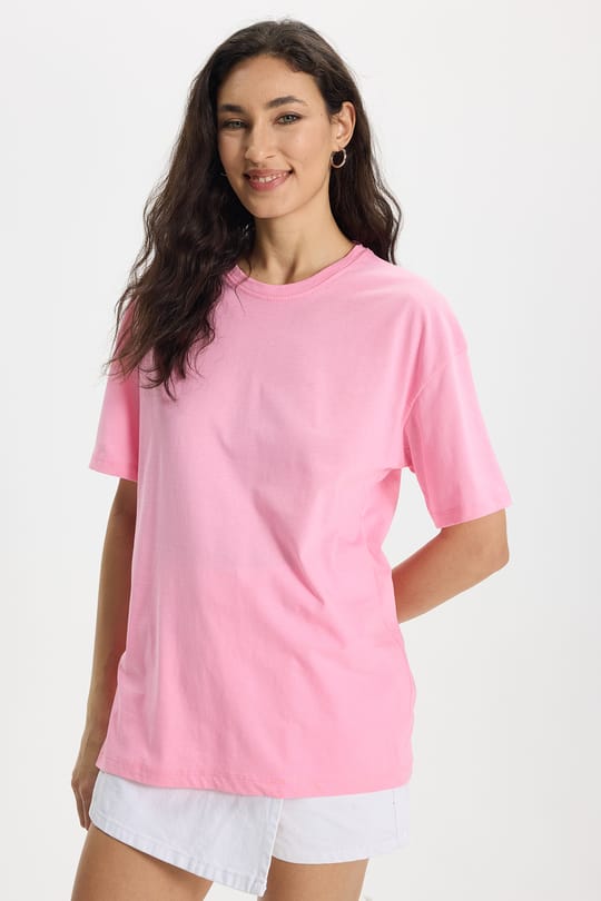 Kadın Slim Fit Dar Kesim %100 Pamuk Kısa Kollu Bisiklet Yaka Pembe Tişört