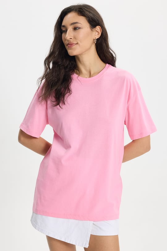 Kadın Slim Fit Dar Kesim %100 Pamuk Kısa Kollu Bisiklet Yaka Pembe Tişört