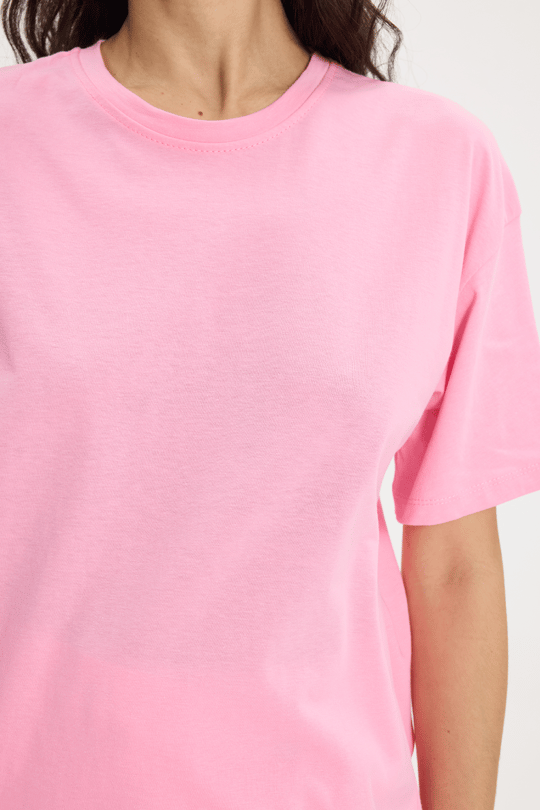 Kadın Slim Fit Dar Kesim %100 Pamuk Kısa Kollu Bisiklet Yaka Pembe Tişört