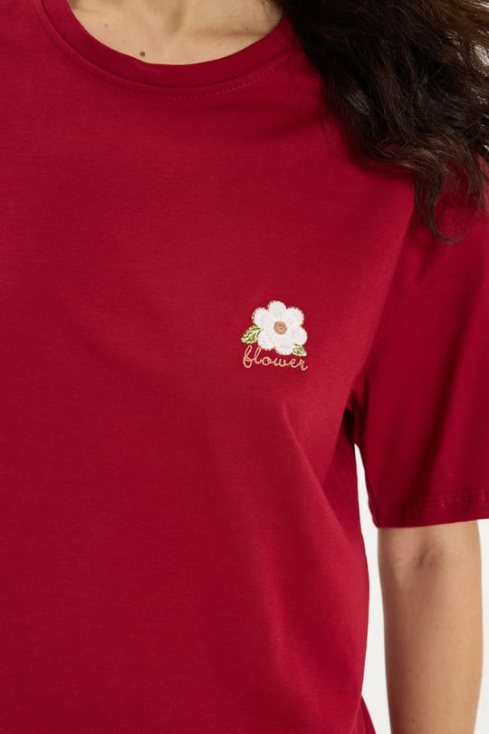 Kadın Oversize Geniş Kesim %100 Pamuk Bisiklet Yaka Kısa Kollu Baskılı Kırmızı Tişört
