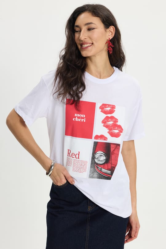 Kadın Oversize Geniş Kesim %100 Pamuk Bisiklet Yaka Kısa Kollu Baskılı Beyaz Tişört