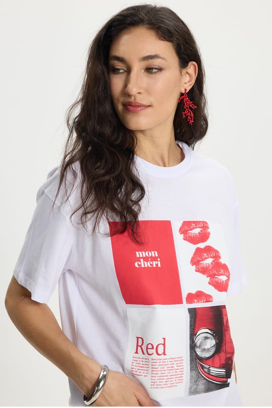 Kadın Oversize Geniş Kesim %100 Pamuk Bisiklet Yaka Kısa Kollu Baskılı Beyaz Tişört