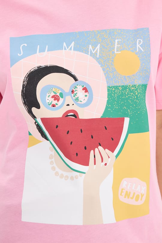 Kadın Oversize Geniş Kesim %100 Pamuk Bisiklet Yaka Kısa Kollu Baskılı Pembe Tişört