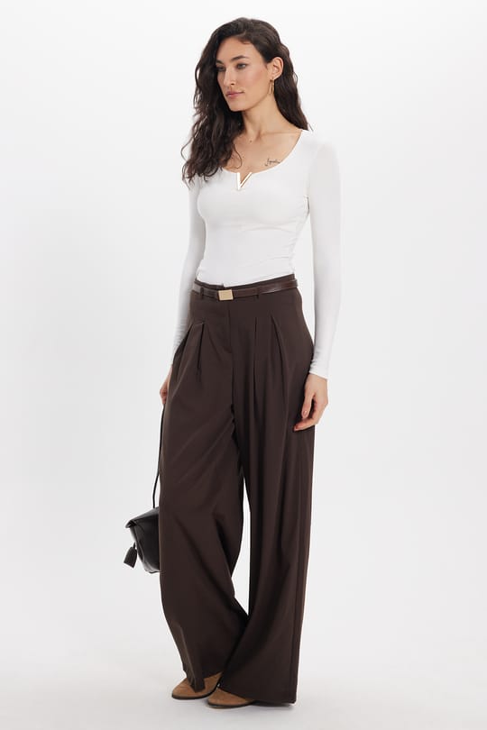 Kadın Slim Fit Dar Kesim Pamuklu Uzun Kollu V Yaka Ekru Tişört Bluz