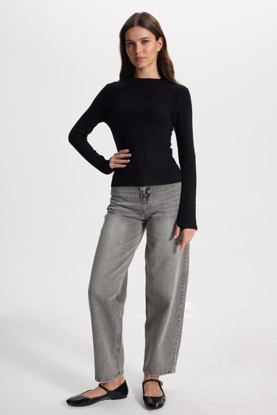 Kadın Slim Fit Dar Kesim Pamuklu Bisiklet Yaka Uzun Kollu Siyah Bluz