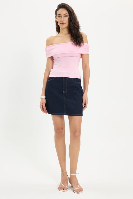 Kadın Slim Fit Dar Kesim Pamuklu Kayık Yaka Kısa Kollu Likralı Pembe Bluz